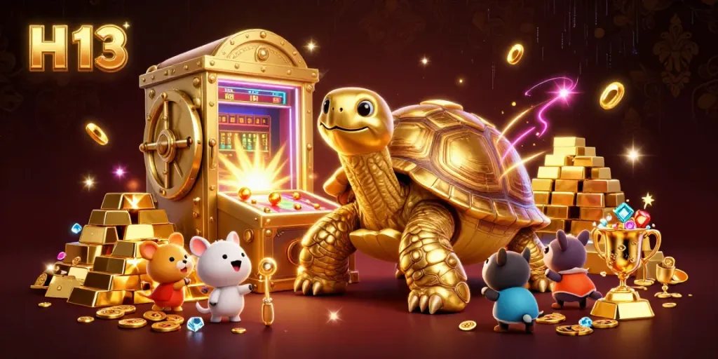 Experience H 13’s vibrant gambling scene filled with treasures and excitement in this colorful casino illustration.