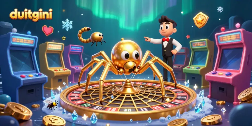 Experience the thrill of betting at Duitgini with a dynamic roulette scene featuring a golden spider and croupier.