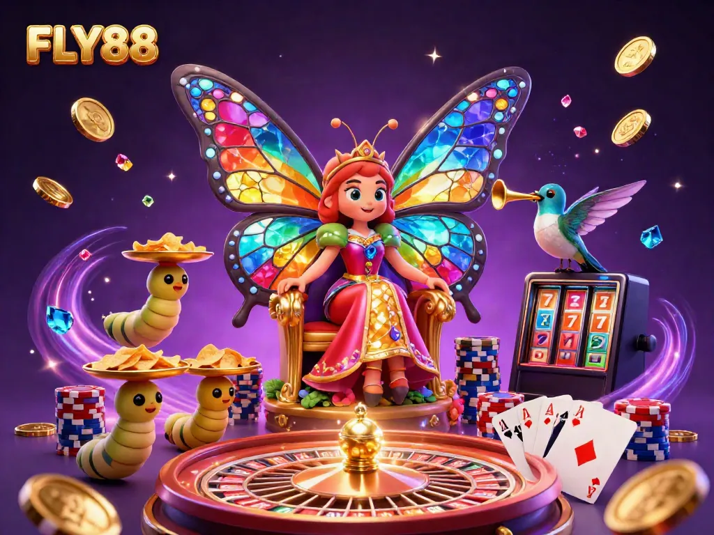 Fly88's digital illustration features a magical casino queen and gameplay elements amidst sparkling treasures.