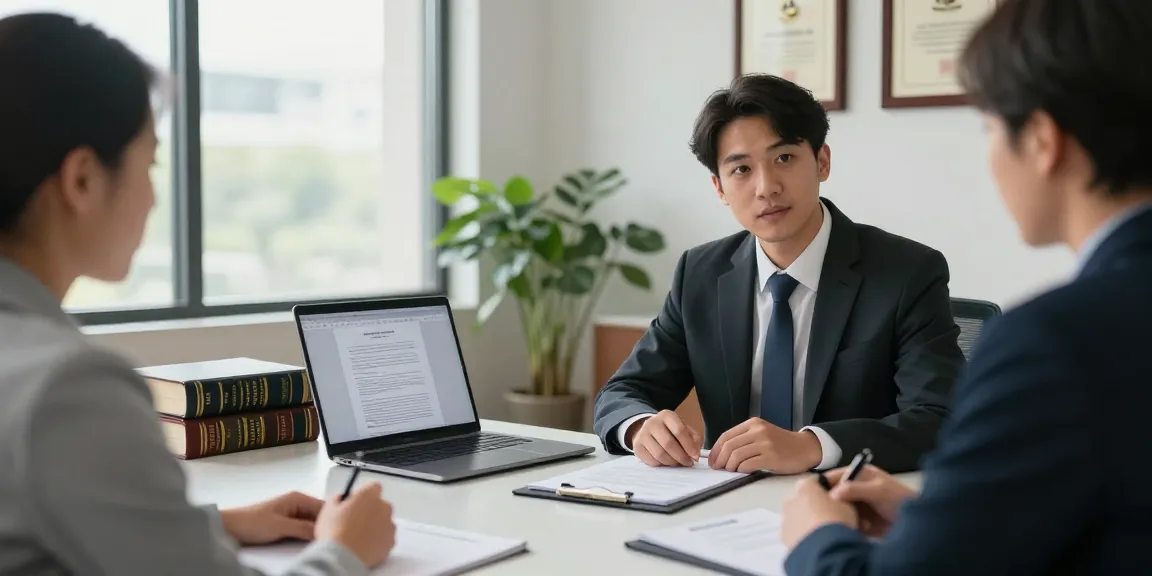 Lawyer consulting clients about sources tell me for legal advice in a modern office.