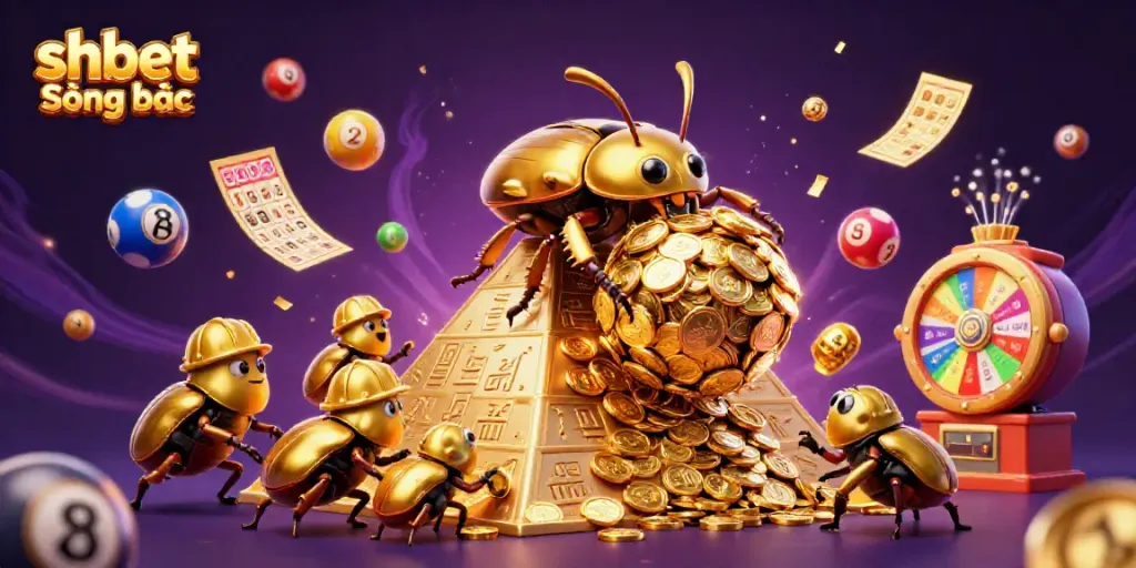 Engage with shbet Sòng bạc as a golden beetle rolls coins, surrounded by vibrant casino elements.