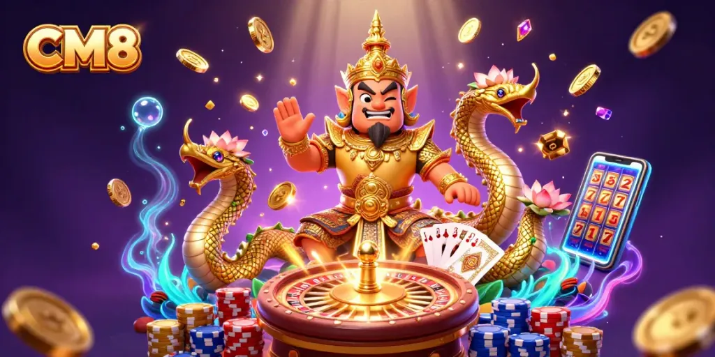 Experience the excitement of CM8 with vibrant slot reels and casino elements in a dazzling scene.