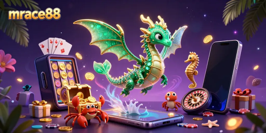 Play and win at mrace88 with vibrant slots, treasure chest, and dragon characters.