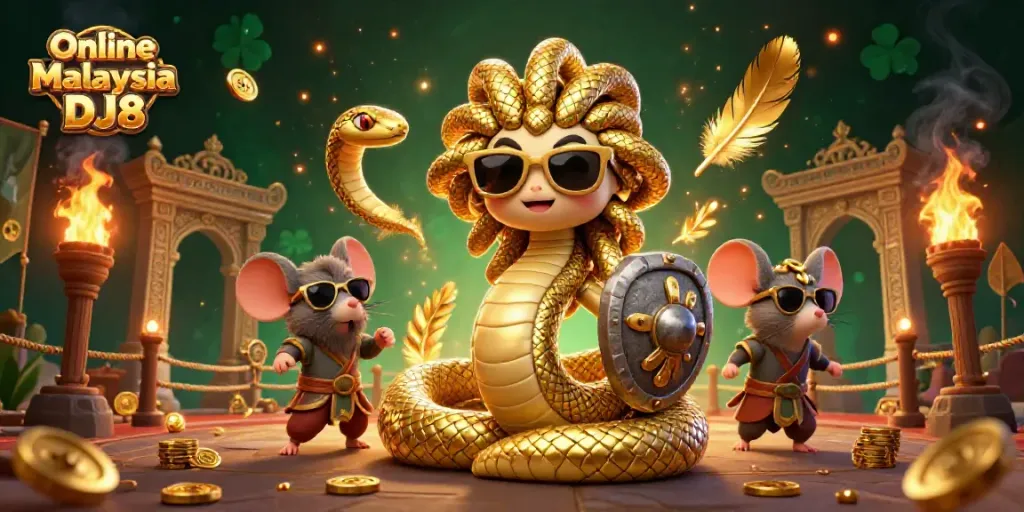 Experience thrilling gameplay at Online Casino Malaysia DJ8 with Medusa and friends in a vibrant casino battle scene.